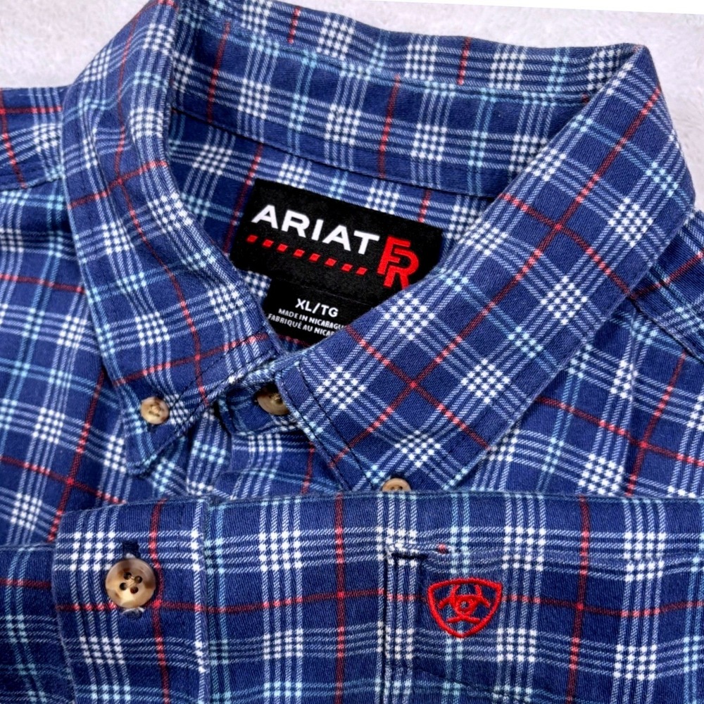 Ariat FR Button Work Shirt Men XL Blue Plaid Flame Resistant Long Sl Heavy CAT 2